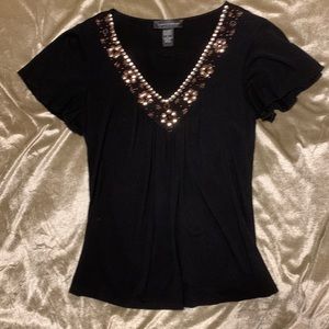 Ladies Top- black-size S- short sleeve with v-neck decorative appliqué